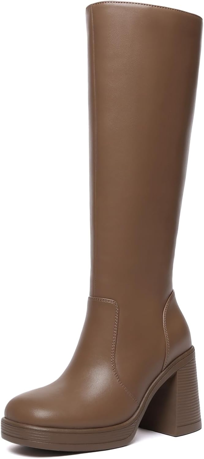 Athlefit Black Knee High Boots for Women with Chunky Heels