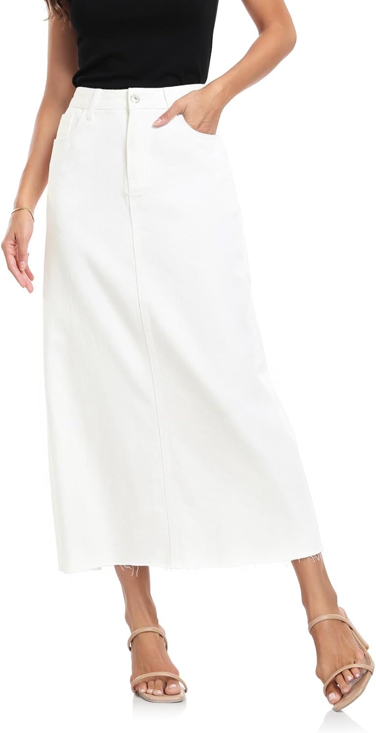 MISS MOLY Women's High Waisted Frayed Denim Midi Skirt