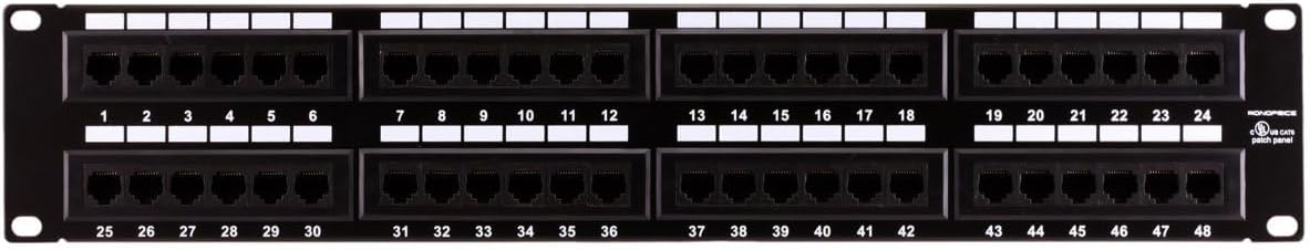 Monoprice 48 Port CAT6 Patch Panel for 19in Racks - Black Steel