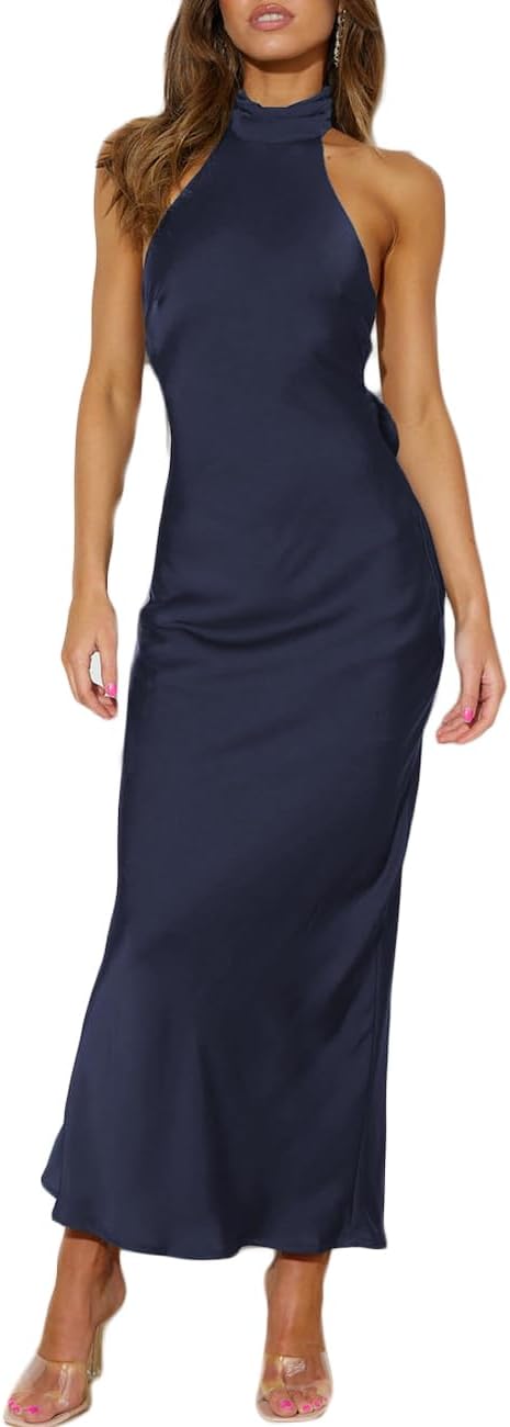 Phicia Sexy Satin Halter Neck Backless Maxi Dress for Women