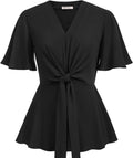 V Neck Peplum Top Tie Front Bell Sleeve Blouse - Flattering Fit
