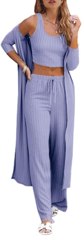 Womens 3 Piece Lounge Sets Pajamas Knit Long Sleeve Cardigan