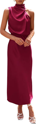 Women's Satin Maxi Dress Mock Neck Sleeveless - Elegant Summer