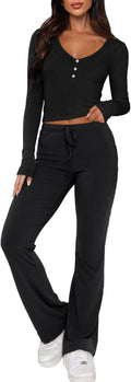 Womens 2 Piece Lounge Sets with Long Sleeve Crop Tops and Flare Pants