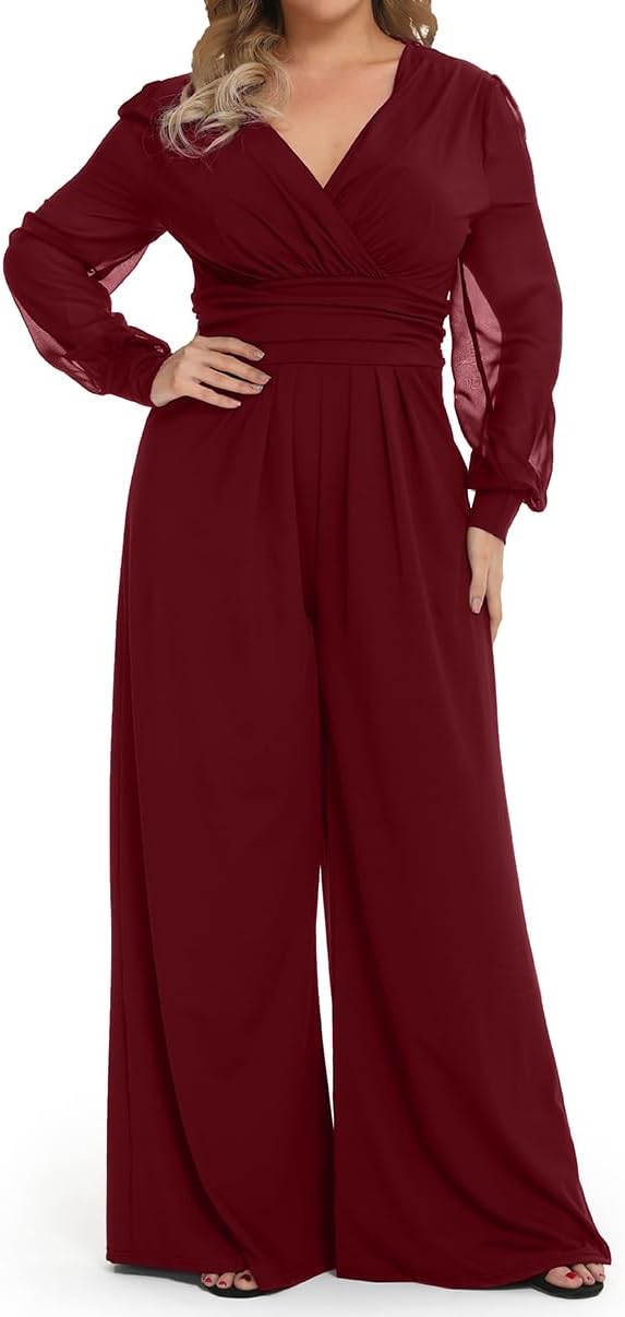Plus Size Mesh Long Sleeve V Wrap Neck Wide Leg Jumpsuit