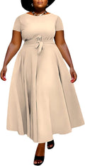 Women Plus Size A Line Maxi Dress with Pockets - Elegant Tie Waist