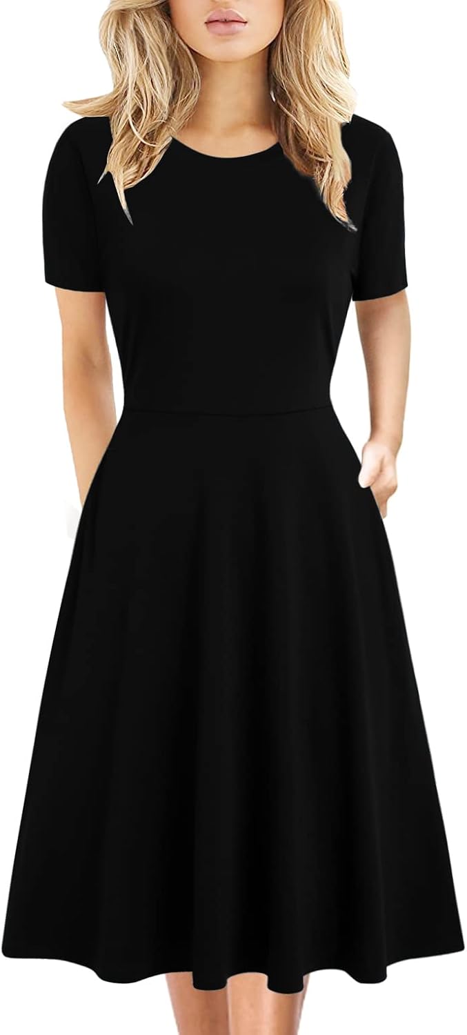 Women's Elegant Knee Length Floral Print Swing Dress with Pockets