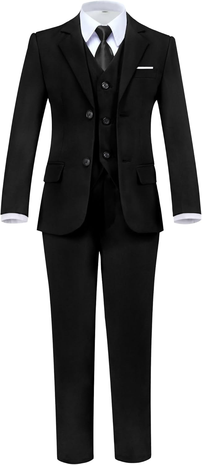 Boys' 5 Piece Formal Suit Set with Jacket, Vest, Pants, Shirt, Tie