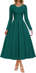 ZESICA Women's Long Sleeve Midi Dress - Elegant Crewneck Swing A Line