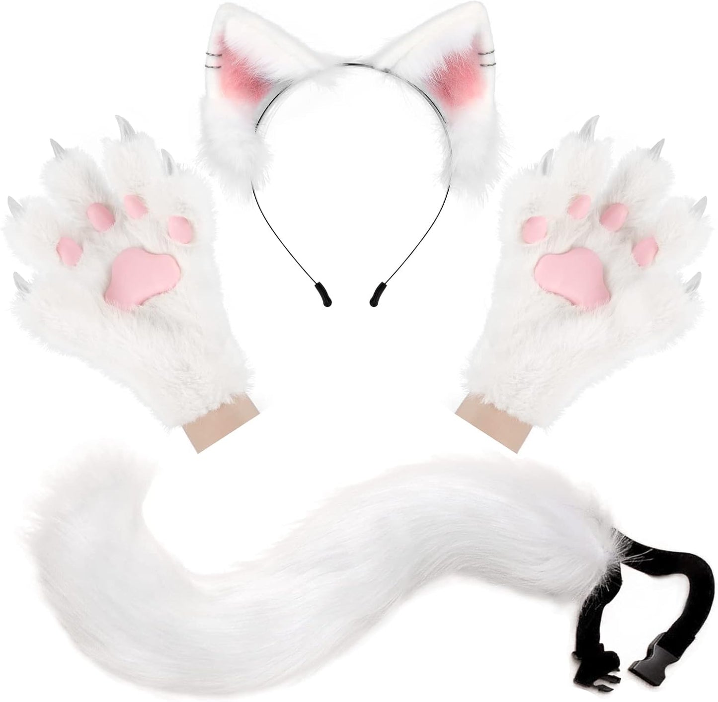 HAOAN Wolf Fox Tail Clip Ears and Gloves Set for Halloween Fun