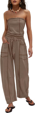 Womens Casual Strapless Jumpsuits - Tube Top Wide Leg Romper