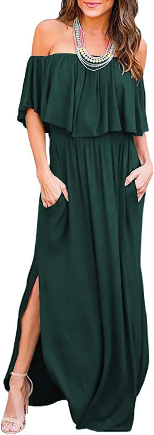LILBETTER Womens Off The Shoulder Ruffle Maxi Dress Review
