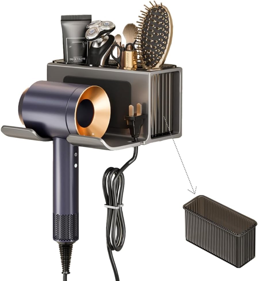 Wall Mounted Hair Dryer Holder with Removable Organizer Box - Stylish Storage Solution!