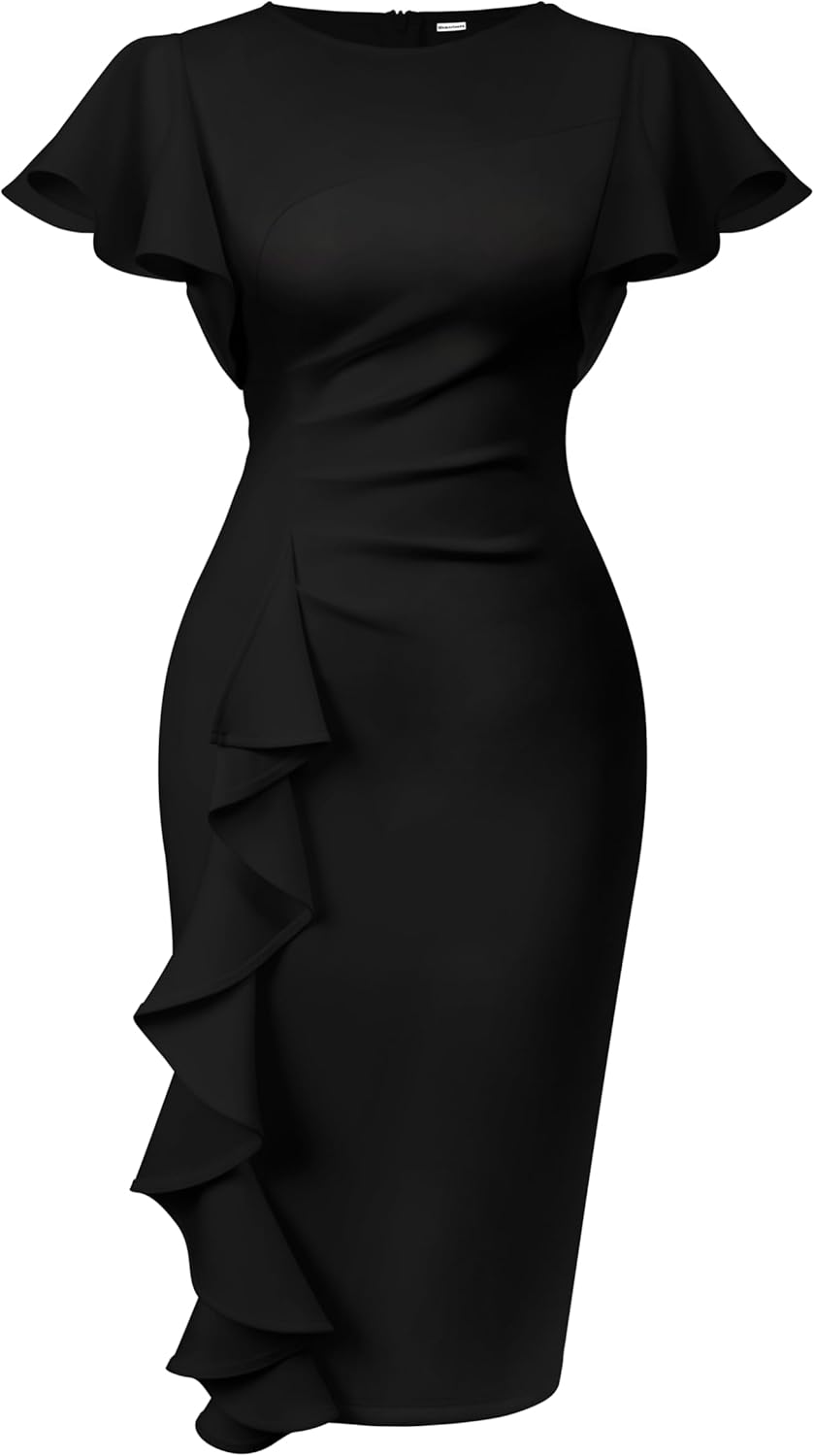 Memoriesea Women's Vintage Church Ruffle Sleeve Midi Dress