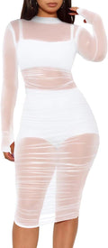 Women 3 Piece See-Through Mesh Bodycon Midi Dress - Sexy Clubwear