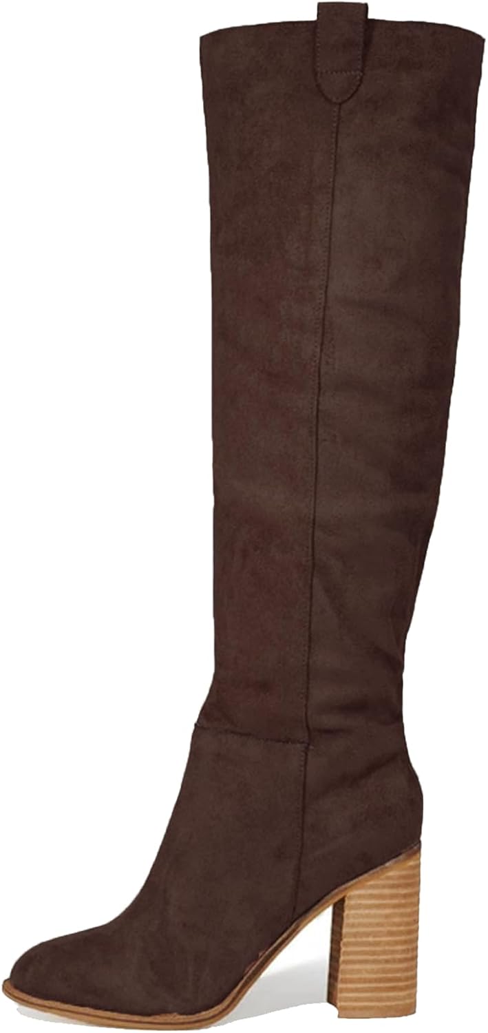 Erocalli Suede Knee-High Boots for Women with Chunky Block Heels
