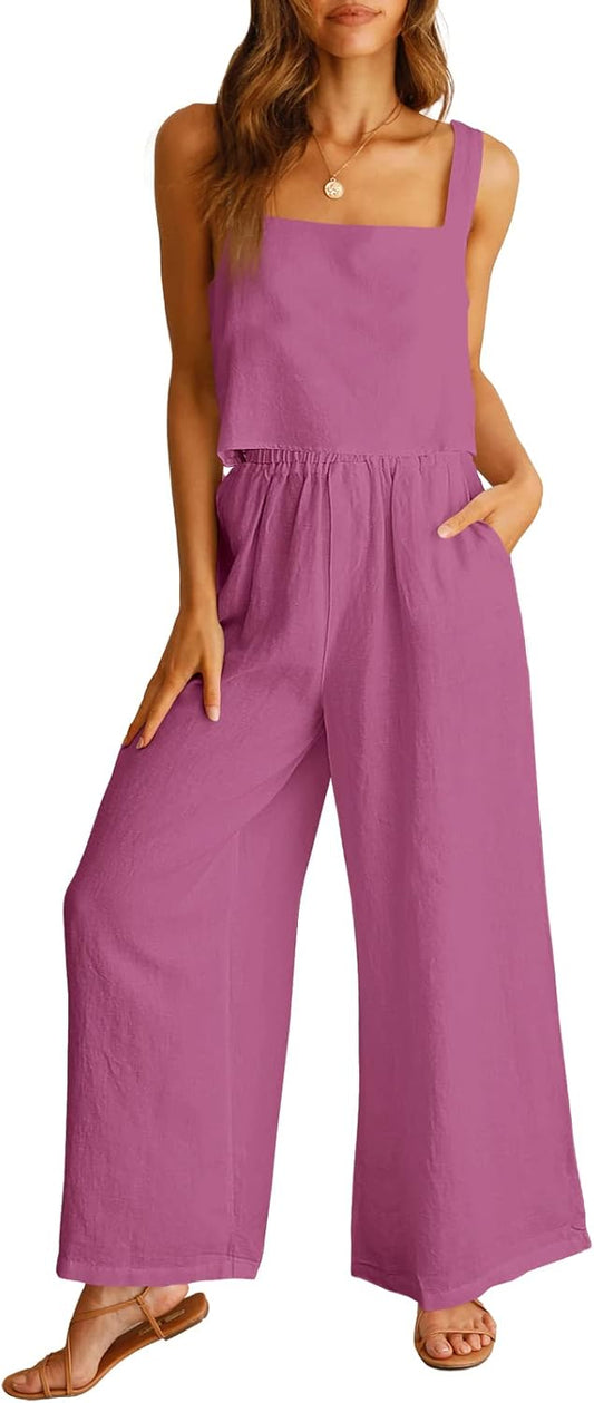 Trendy Women's 2 Piece Linen Pants Jumpsuit Matching Set