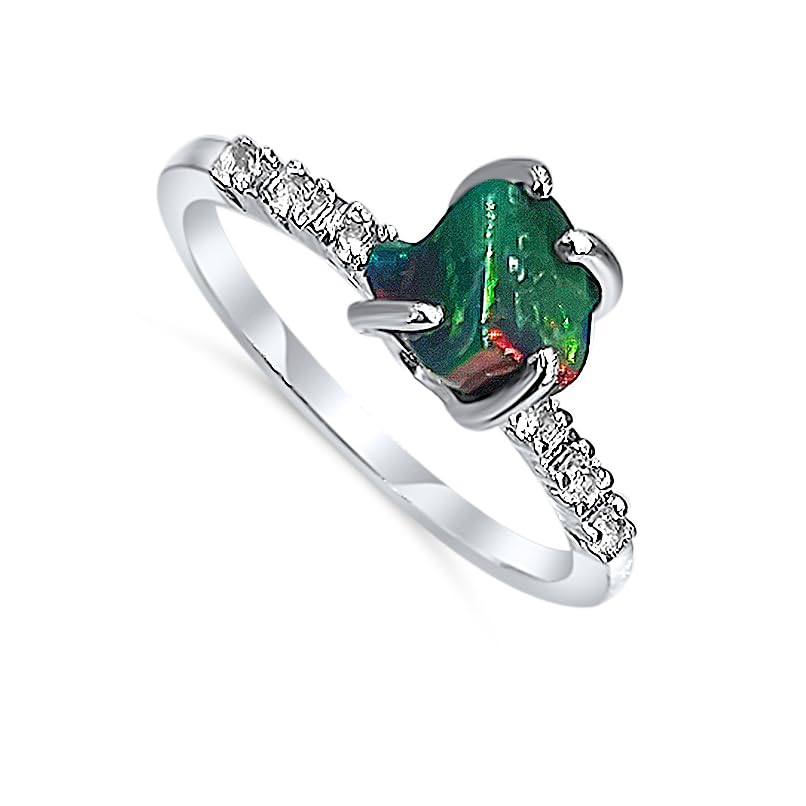 Real Raw Black Opal Dainty Ring in White Gold for Gifts