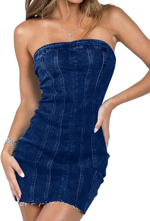 Fronage Women's Sexy Jeans Denim Strapless Bodycon Mini Dress