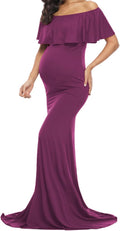 Glampunch Off Shoulder Maternity Dress Ruffles Slim Maxi (Style 593G)