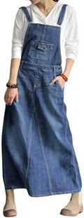 Women's Vintage Denim Overall Dress with Adjustable Straps - Midi
