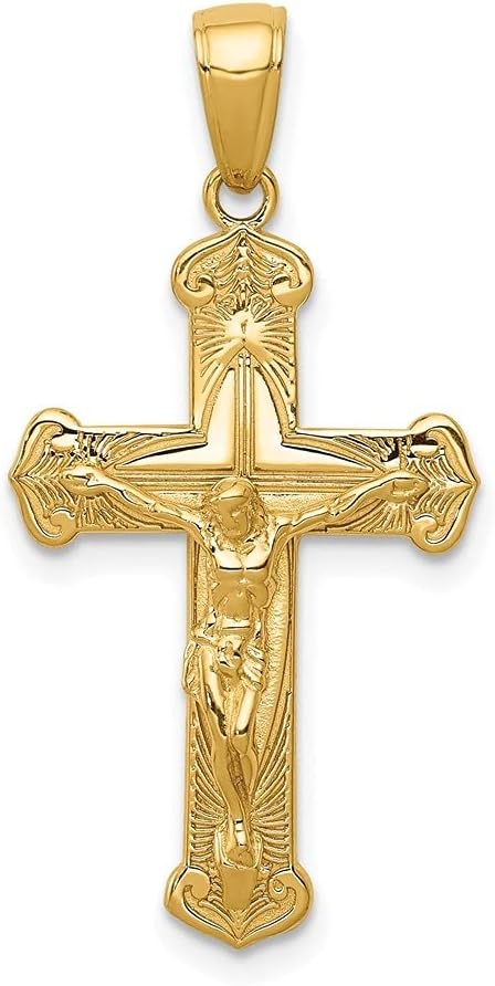 14k Yellow Gold Crucifix Jesus on Engraved Cross Pendant