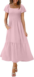 Women Square Neck Smocked Maxi Dress with Pockets - Flowy Summer Fit
