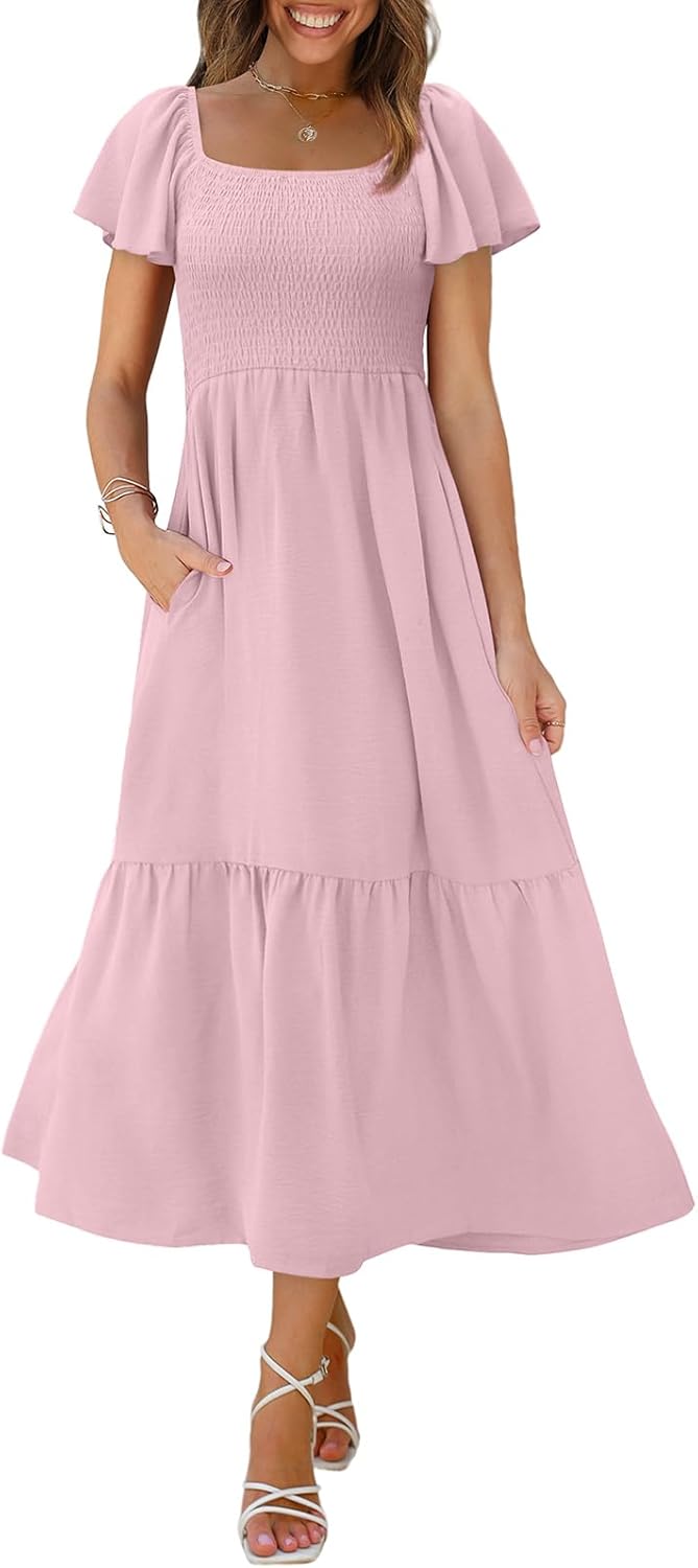 OFEEFAN Summer Dresses for Women with Square Neck and Pockets
