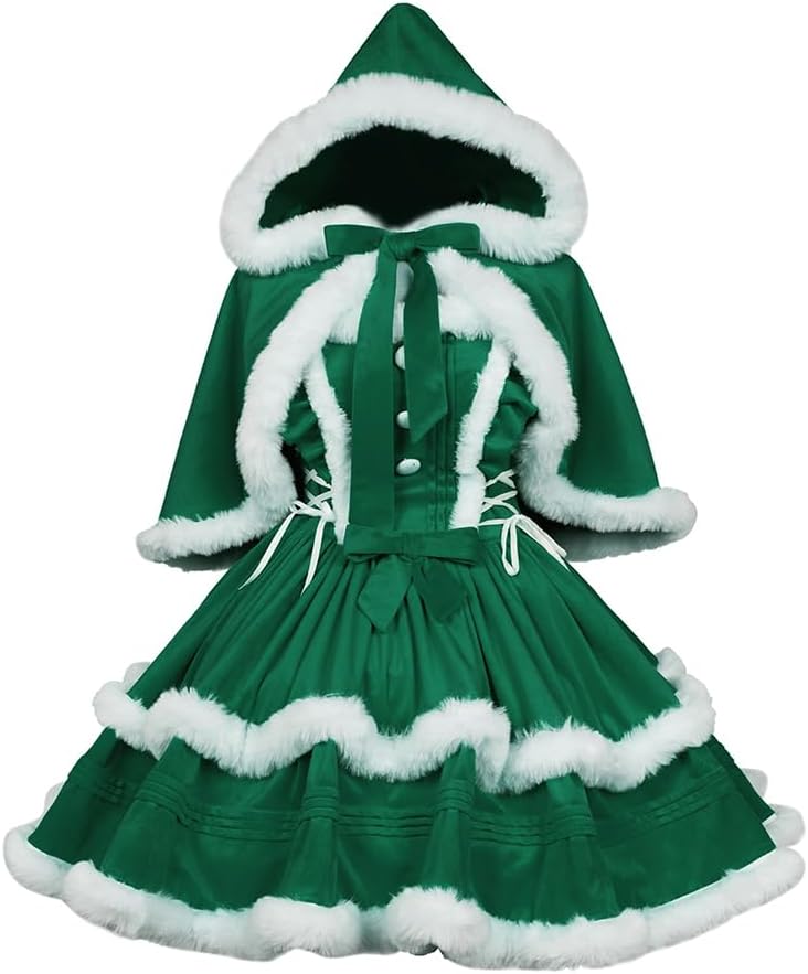 Oiefeen Women's Christmas Dress Skirt and Hooded Cloak Set