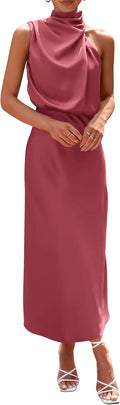 Women's Satin Mock Neck Maxi Dress - Elegant Sleeveless 2025