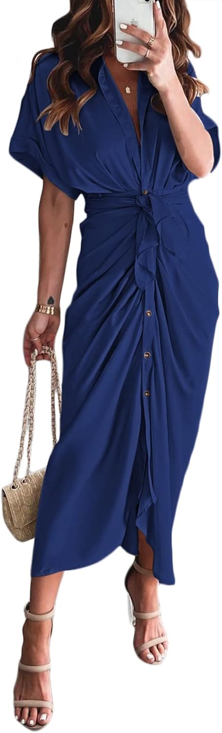 Elegant Satin Button Down Maxi Shirt Dress for Women