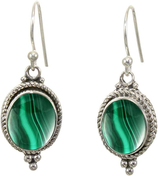 925 Sterling Silver Dangle Drop Earrings with Malachite Gemstone