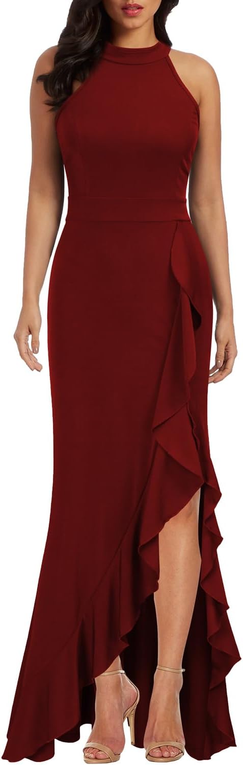 WOOSEA Women's High Neck Split Bodycon Mermaid Evening Dress