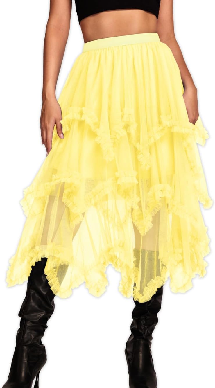 Kaei&Shi Long Tulle Skirt for Women - Asymmetrical Ruffle Style