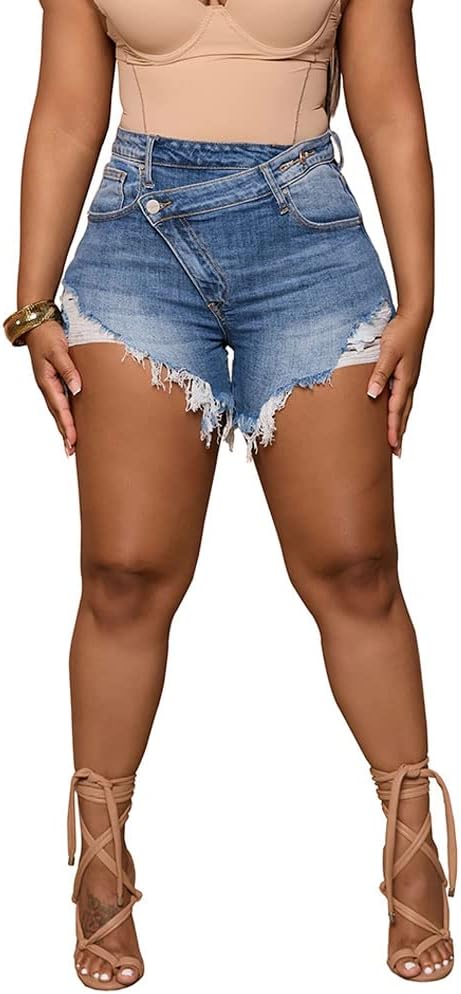 PINSV Women's High Waisted Crossover Denim Shorts for Summer