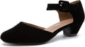 Enelauge Women's Ankle Strap Closed Toe Low Chunky Heel Pumps BLACK
