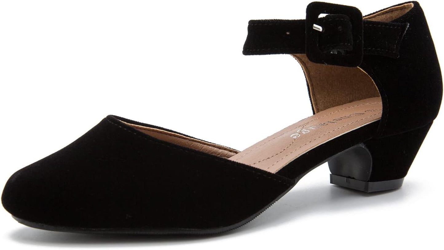 Enelauge Women's Ankle Strap Closed Toe Low Chunky Heel Pumps