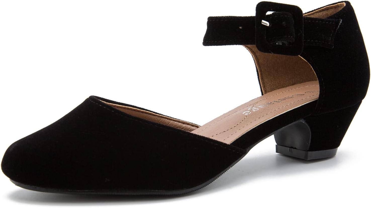 Enelauge Women's Ankle Strap Closed Toe Low Chunky Heel Pumps
