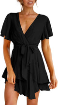 Cosonsen Women's Deep V-Neck Tie Waist Ruffle Mini Dress - Flattering