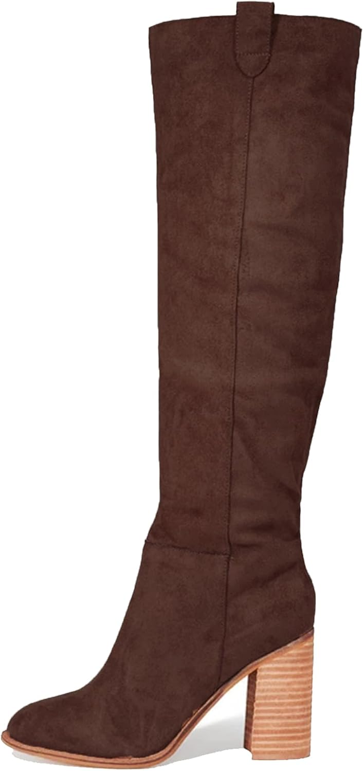 Erocalli Suede Knee-High Boots for Women with Chunky Block Heel