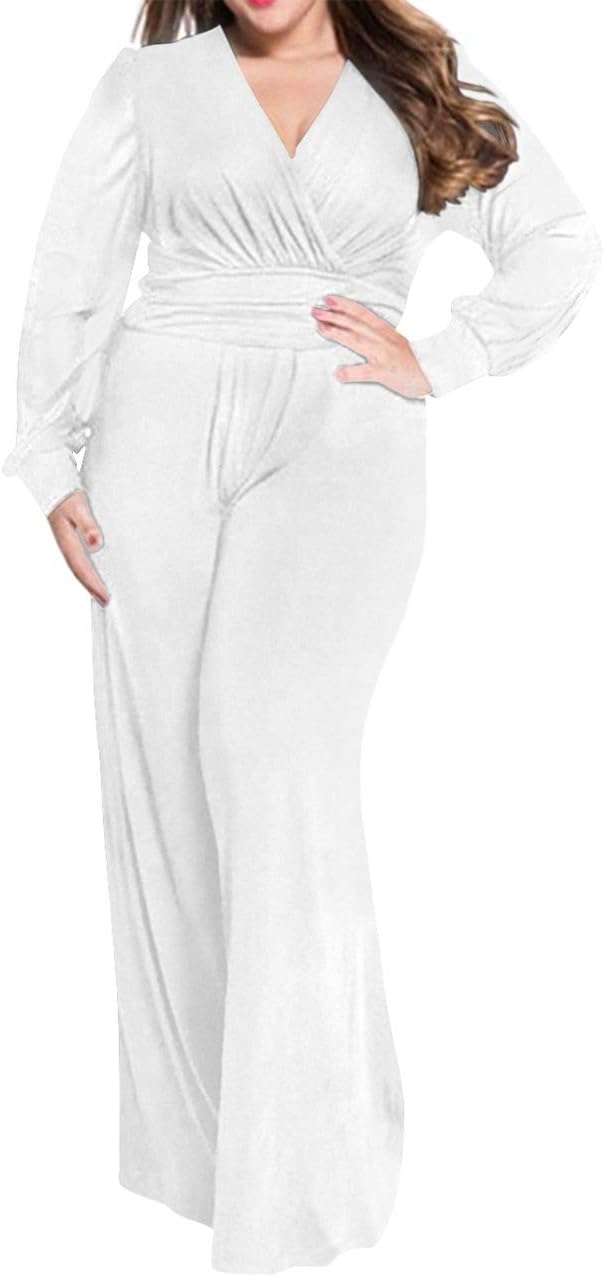 Plus Size Mesh Long Sleeve V Wrap Neck Jumpsuit for Chic Nights