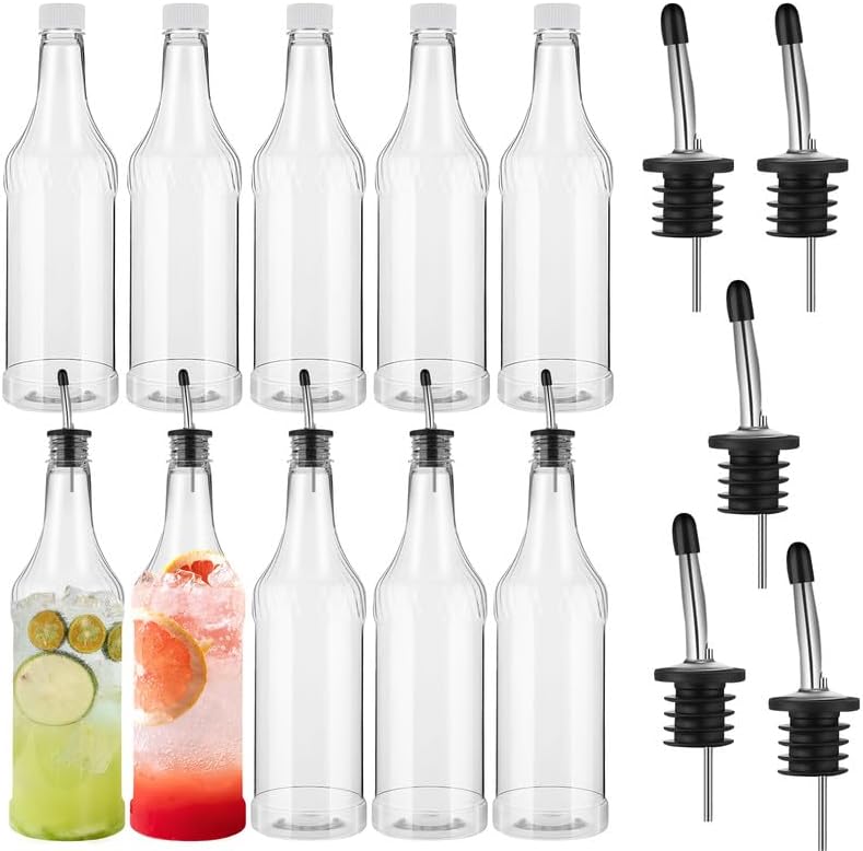 32 oz Plastic Long Neck Bottles with Pourer and Caps for Bartending