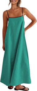 Linen Maxi Dress Contrast Spaghetti Strap Backless Slip Dress - Breezy