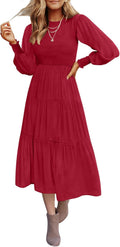 ZESICA Women's Casual Long Sleeve Smocked Midi Dress - Flowy Tiered
