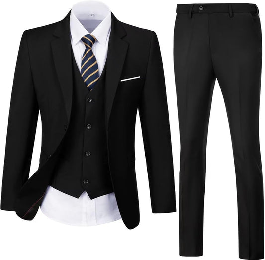Mens Suit Solid Two Button Slim Fit 3 Piece Blazer Vest Pants