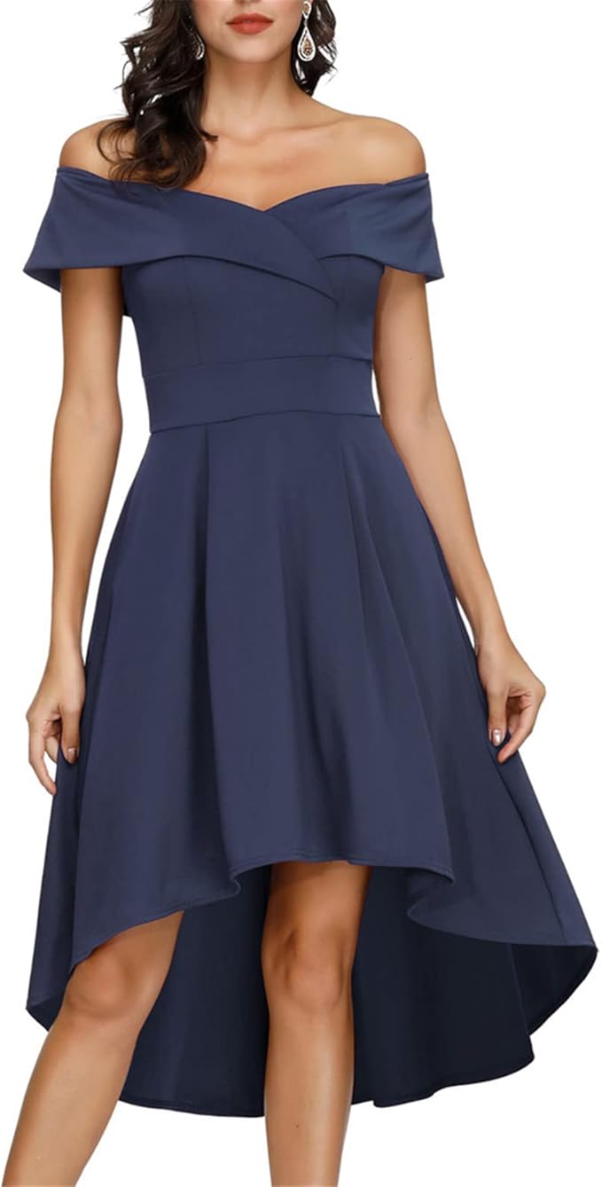 JASAMBAC Women's Off Shoulder High Low A Line Cocktail Dress