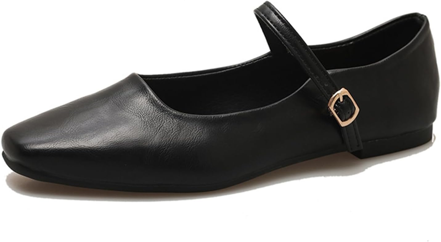 Classic Leather Square Toe Flat Mary Jane Shoes for Women