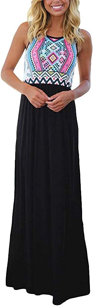 Boho Chevron Striped Floral Printed Summer Maxi Dress for Women