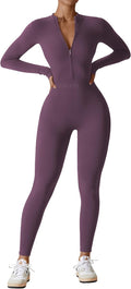 Women Long Sleeve Workout Jumpsuit Zip Up Romper - Nylon Spandex Fit