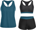 Women's 3 Piece Athletic Tankini Swimsuit Set - Tank Top, Bra & Shorts